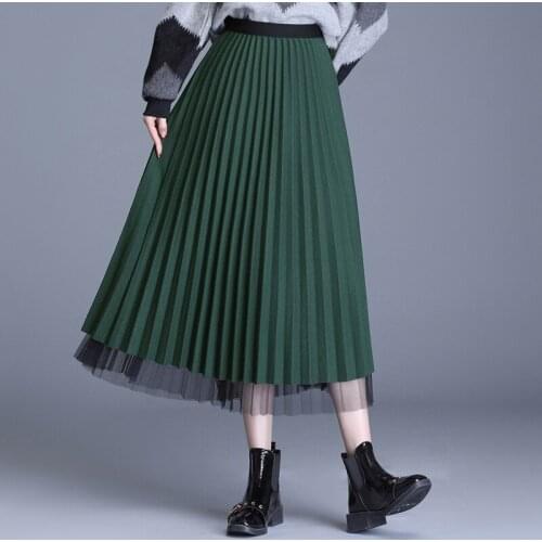 Autumn Winter Korean Style High Waist Loose Casual Women Pleated Skirt Female Elegant Chic Both Side Wear Mesh Long Skirts 9036