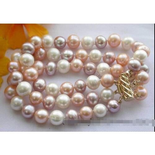 Z2925 3row 8-9mm white pink purple round freshwater pearl bracelet @^Noble style Natural Fine jewe SHIPPING new >>free shipping