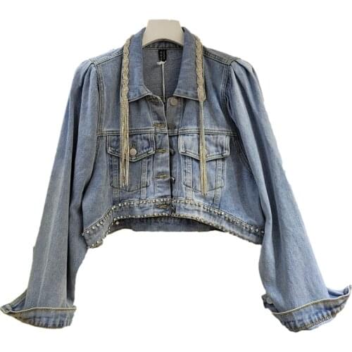 Korean Fashion Diamond Tassel Denim Jacket Coat Women Loose High Waist Extra Short Outwear Puff Sleeve Blue Jeans Jacket Female