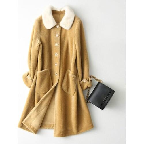 Fashion High Quality Sheep Shearing Coat 100% Wool Female Jacket Mink Fur Collar Womens Fur Coat Womens Clothing Ropa Zjt370