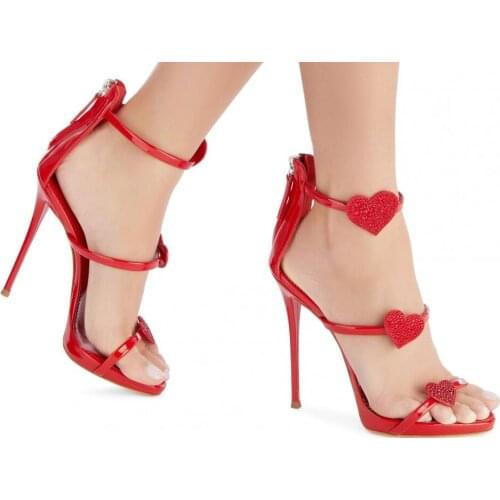 Moraima Snc Red Crystal Embellished Love Heart Decorations High Heel Sandals Woman Open Toe Ankle Strap Gladiator Shoes Summer