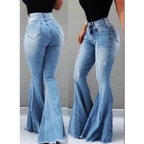 Ripped Denim Fashion Flare Jeans denim Ladies Push Up Trousers Bell Bottom Jeans Pants Women HighWaist Plus Size Free Shipping