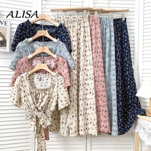 Women Floral Two Piece Sets Summer Square Neck Tie Bow Short Top + High-waist Wide-leg Pants Beach Outfits Woman Sweet Suits