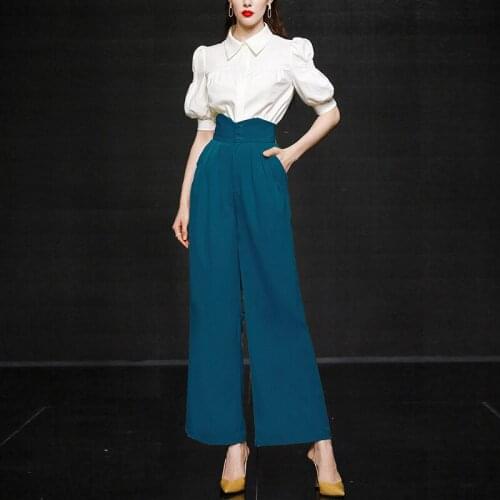 Summer Two Piece Women Elegant Puff Sleeve Blouse +high Waist Wide Leg Pant Set Removable Strap Trouser Suits Female Office 2pcs