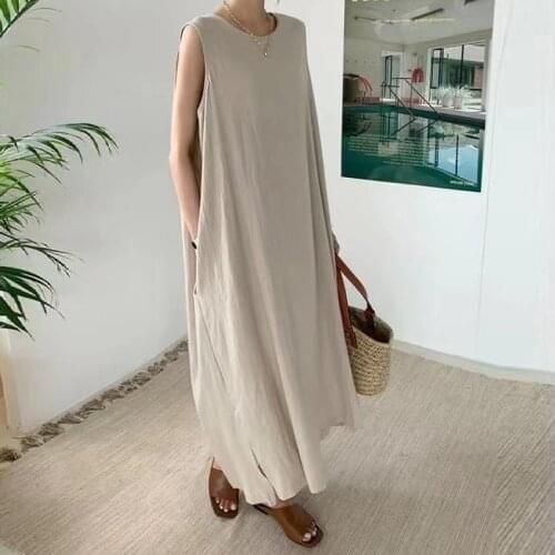 Summer Casual Loose Long Dress Women Sleeveless Cotton Linen Dress A-Line Korean Chic Retro Elegant Female Solid Dresses 15816