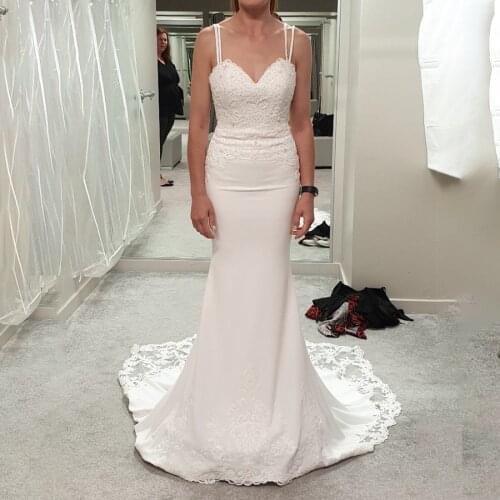 Spaghetti Straps Sweetheart Slim Pure White Mermaid Wedding Dress with Lace Train Reals Bridal Dress vestido noiva sereia