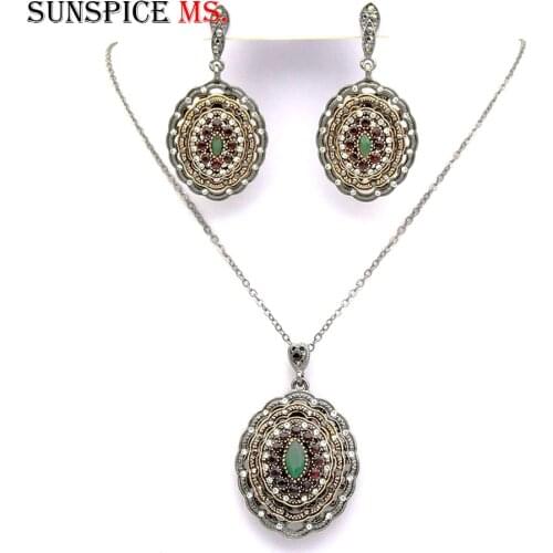 SUNSPICE-MS Retro Vintage Turkish Round Drop Earring Necklace Sets For Women Arabic Ethnic Wedding Jewelry with Rhinestone