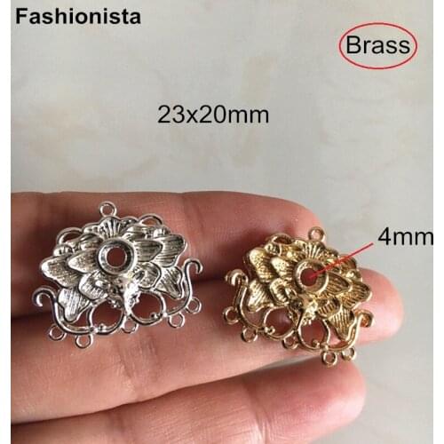 10 pcs -Brass Casted Peony Flower Earrings Charm Connector,23x20mm With 4mm Blank Tray,Gold/Silver Metal Filigree Jewel Findings