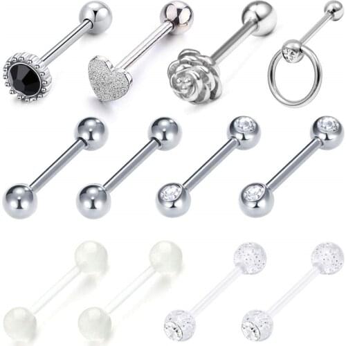 Jforyou 12pcs Tongue Rings 14G Surgical Steel Nippl Ring Nipplering Piercings Women 16mm Tongue Nipple Piercing Barbell