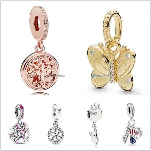 Authentic 925 Sterling Silver Pink Heart Family Tree With Crystal Pendant Charm Beads Fit Pandora Bracelet & Necklace Jewelry