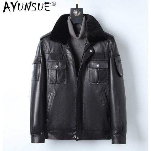 AYUNSUE Winter Jacket Men Clothing Mens Genuine Goatskin Leather Jackets Warm Real Rabbit Fur Coat Hommes Veste LXR919