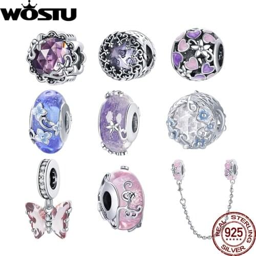Wostu New Arrival Purple Glass Stone Charms Pendant 925 Sterling Silver Fit Original Silver Bracelet Fine Jewelry Pendant Making
