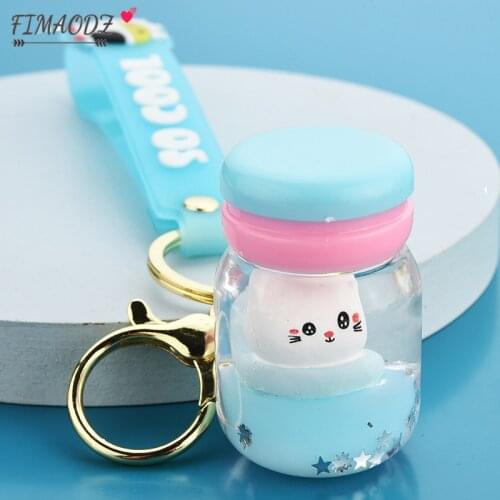 FIMAODZ Cute Drifting Bottle Surf Cat Keychain Quicksand Star Sequin White Kitten Alloy Key Chain Keyring for Lady Kids Toy Gift