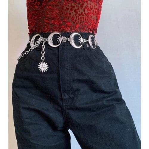 Super cool punk hip hop pants chain gothic metal waist chain lady golden moon sun waist chain dress jeans accessories