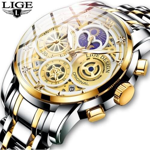 LIGE 2021 New Fashion Men Watch Calendar Stainless Steel Top Brand Luxury Sports Chronograph Quartz Watch Relogio Masculino+Box