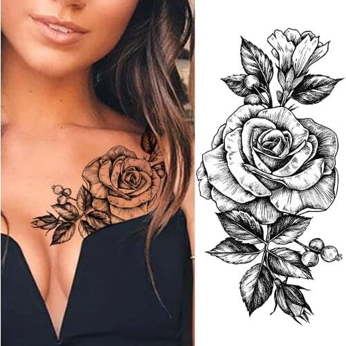 Black Flower Temporary Tatoo Sticker DIY Fake Waterproof Pencil Sketch Rose Tatoo For Women Body Art Chest Arm Tatoo For Holiday