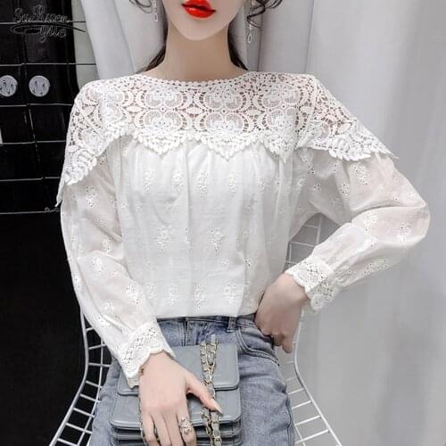 Cotton White Shirts For Women 2021 Vintage Embroidery Hollow Out Lace Shirt Tops Female Loose Office Casual Blouses Blusas 13293