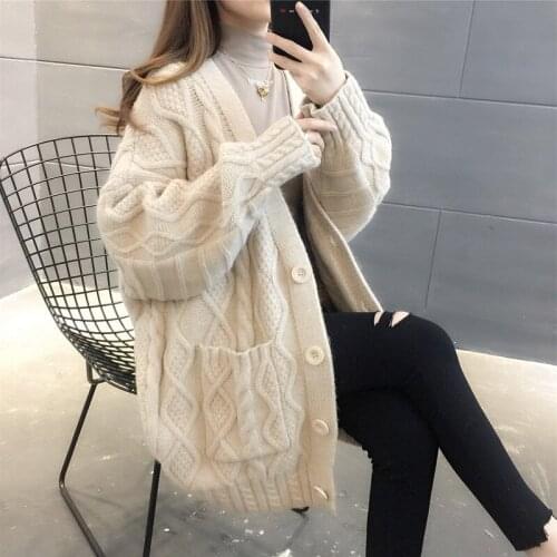 2020 Women Cardigans Sweater V neck Loose Knitwear Single Breasted Casual Knit Cardigan Outwear Winter Thick Jacket Coat W2154