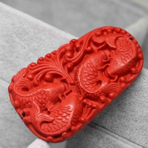 Classicial Taiwan Synthetic Red Cinnabar Oval Pendant Carved Lucky Fishes Peace Decoration Fit Necklace Accessory 36*57mm B1546