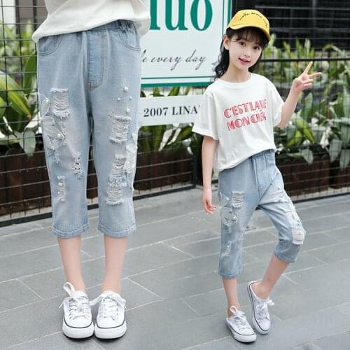 Summer New Hole Jeans Girl Children Baby Old Pants Denim Pants Tide 6-10 Ages Fashion Jeans