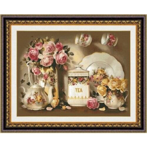 Rose teaset cross stitch kit 18ct 14ct 11ct counted white cloth cotton thread fabric sewing craft wall big picture hangings
