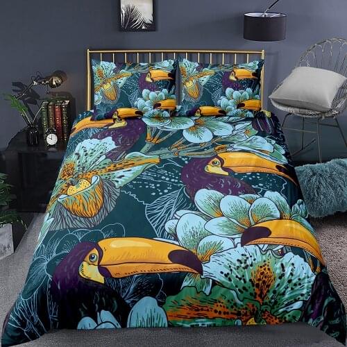Toucan Flower Retro Bedding Set Skin-friendly Duvet Single Double King Comforter Shell Bed Sets Tropical Rainforest Bedspreads