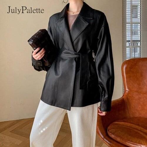 JulyPalette 2021 New Real Leather Women Coats 100% Genuine Sheepskin Leather Jackets Fashion Lantern Sleeve Loose Sashes Coat
