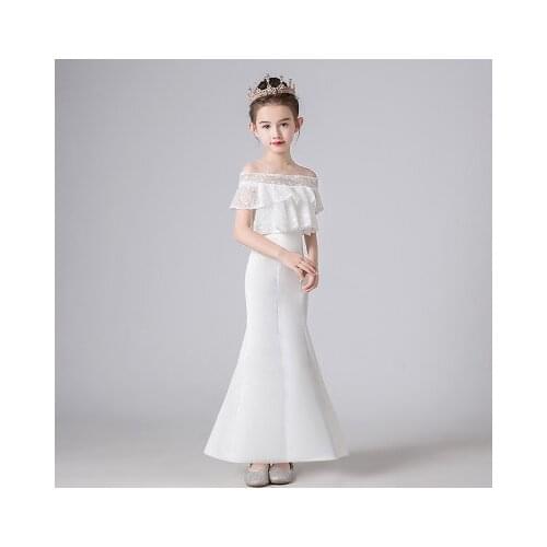 New girl wedding white princess dress fishtail children little girl catwalk fluffy evening dress fashion performance clothing
