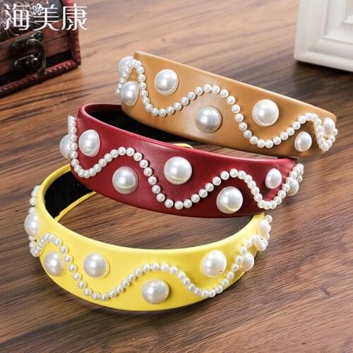 Haimeikang Fashion New Arrival Pearl Hairband Women Classic Artificial Leather Headband Gold Hair Band Adult Hair Accessories