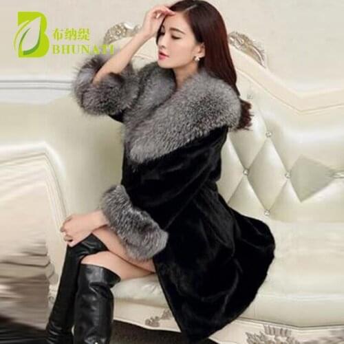 BHUNATI Women Winter Thick Warm Faux Fur Coat Advanced Gray Artificial Fox Fur Collar Black Long Coat Of Faux Fur BCD1507058