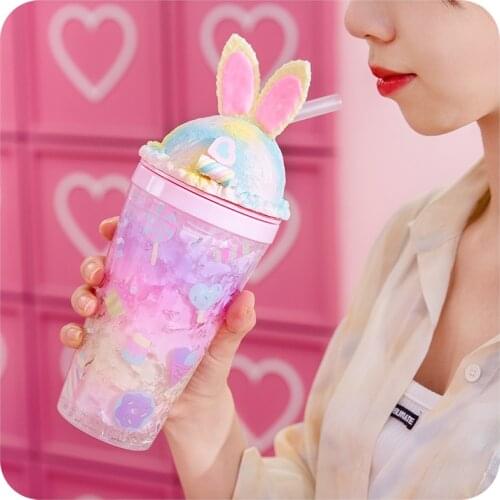 Rabbit Ear Plastic Water Bottle Large Capacity double Colorfully student Pink Yellow Green Summer Straw Ice Cream Cup