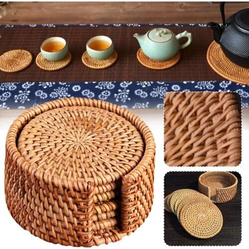 6 Pcs Rattan Coaster & Holder Handmade Teacup Coasters Round Natural Coaster Set for Kitchen Desk Table Home Decoration