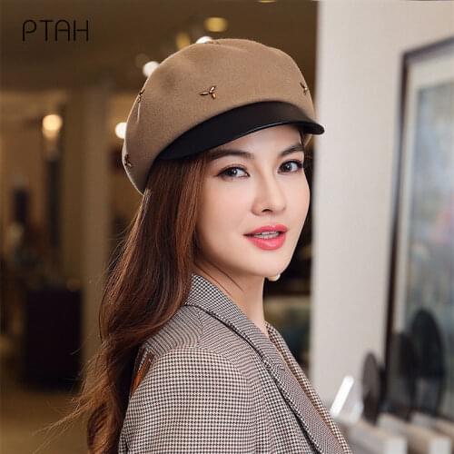 [PTAH] Autumn Winter Hats for Women Octagonal Newsboy Caps Ladies Casual Wool Hats Winter Berets Women Painter Caps High Quality
