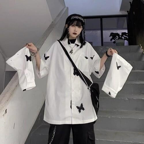 HOUZHOU White Black Shirts Streetwear Women Harajuku Gothic Long Short Sleeve Detachable Oversize Korean Style Button Up Blouse