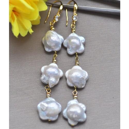 Z10771 3Row 16mm White Coin Plum-blossom Pearl Dangle Earring CZ