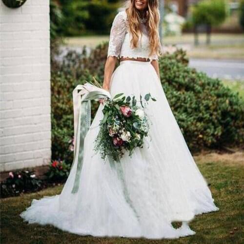 Two Pieces Country beach Wedding Dresses A Line Jewel 1/2 Sleeve Floor Length Bridal Gowns With Lace Tulle Backless wedding gown