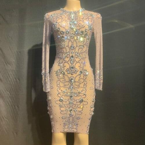 Dance Costume Sparkly Crystals Mesh Perspective Dress Evening Party Dresses Birthday Celebrate Wear Singer Performance Outfits