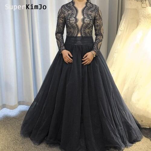 Navy blue prom dresses real picture deep v neck pearls long sleeve lace pearls tulle sparkly evening dresses vestidos de fiesta