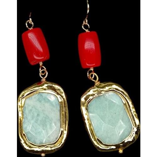 Y·YING Natural Green Peruvian Amazonites Nugget Red Coral Gold color Plated Hook Dangle Earrings