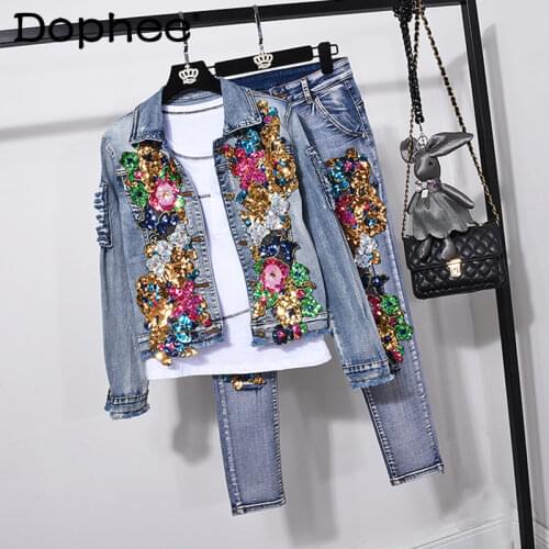 2021 European Womens Sequins Denim Jacket Tops Flower Jeans Pants Fashion Three-dimensional Two-Piece Denim Set Outfits Femme
