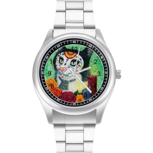 Black Cat Quartz Watch Silent Ladies Wrist Watch Design Stainless Fishing Photo Wristwatch