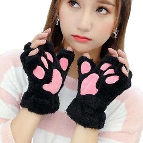 Women Bear Plush Cat Paw Claw Gloves Winter Faux Fur Cute Kitten Fingerless Mittens Gloves Christmas Halloween for Womens Girls