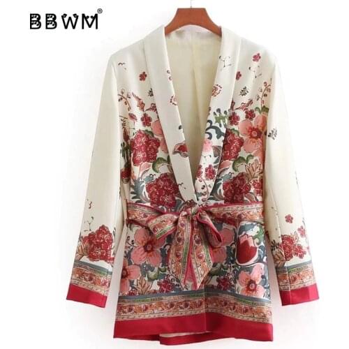 Printed casual suit collar womens jacket 2018 spring fashion Belt was thin