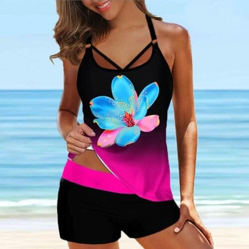Women Plus Size Tankini Push Up Print Floral Two Piece With Shorts Swimsuit Retro Summer Ladies Sport Bandage Beach Swimwear Set