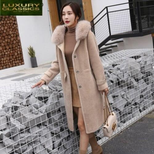 Natural Winter Jacket Women Wool Coat Sheep Shearing Coat Female Real Fox Fur Hooded Warm Clothes Slim Long Parka LWL1363