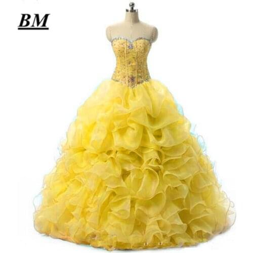 2019 Cheap Yellow Quinceanera Dresses Ball Gown Beaded Sweet 16 Dresses Formal Prom Party Gown Vestido De 15 Anos BM66