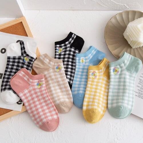 2021 New Women Japanese Cute Cartoon Embroidery Sunflower Boat Socks Fashion Plaid Cozy Cotton Breathable Ankle Socks Summer