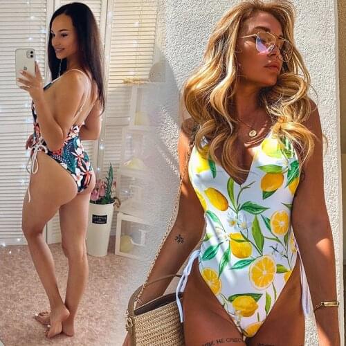 2021 New One-Piece Swimsuit Lemon Sling Deep V Sexy Bikini European and American Swimwear Print