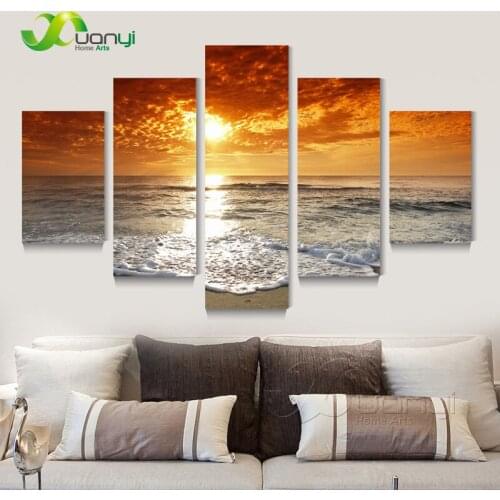 5 Panel Modern Wall Decor Sunset Wave Canvas Painting Poster Home Art Sunset Seascape Pictures Painting For Living Room Unframed