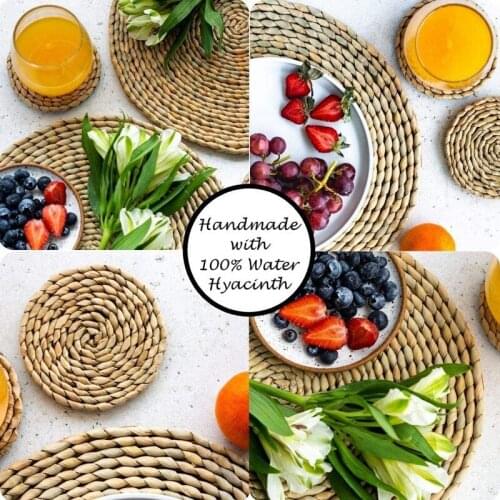 8 Pcs Round Weave Placemat Non-Slip Heat-Resistant Mats Coaster for Table Pots Pans Teapots in Kitchen 12 Inch 4 Inch
